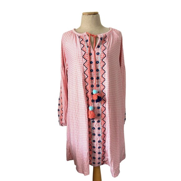 Cabana Women's Sz Large Life Pink Printed Tunic Dress W/ Embroidered - Picture 1 of 10